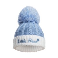 H684-B: Blue Cable Knit Hat w/Emb & Pom Pom (0-12 Months)